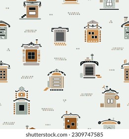 Various Cute Small Houses Seamless Pattern. Cartoon Town Houses, City Buildings, Suburban Residential House. Different Facades Building. Scandinavian style. Vector illustration 