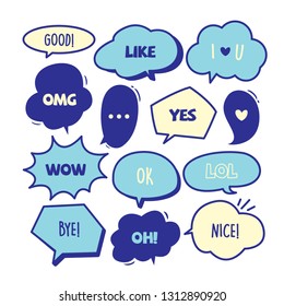 Various Cute speech bubble doodle stickers set with some blue colors - stock vector