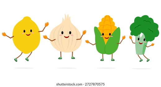 Varias mascotas de carácter vegetal lindo incluyendo brócoli, limón, cebolla y maíz. Mascotas de carácter Vector de brócoli, limón, cebolla y maíz con expresiones faciales y gestos.