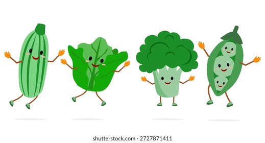 Verschiedene süße Gemüsefiguren Maskottchen wie Brokkoli, Gurke und Salat. Maskottchen für Vektorfiguren aus Brokkoli, Gurken und Salat mit Gesichtsausdrücken und -gesten.