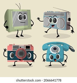various cute vintage retro elecronic character with tpe of expression