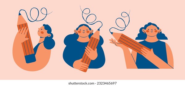 Various cute women with a large pencil. Young person holding pencil. Funny isolated characters. Cartoon style. Drawing, writing, creating, design, blogging, working concept. Hand drawn illustration.