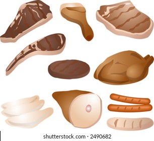 Various cuts of cooked meat: steak, drumstick, pork chop, lamb chop, burger, roast chicken / poultry, chicken breast, mutton leg, sausages. Roasted and grilled. Vector illustration