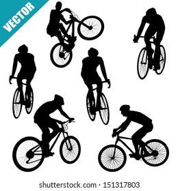 Various cycling poses of cyclists silhouettes on white background, vector illustration