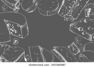 Various dairy cheese products on chalkboard with space for text. Vintage style design. Template for postcard, banner, poster, web design, menu. Hand Drawn vector illustration.