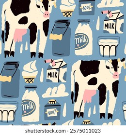 Various dairy products. Cow, milk can, carton box, glass, bottle, ice cream, heavy whipping cream. Hand drawn Vector illustration. Healthy food, farm market concept. Square seamless Pattern, wallpaper