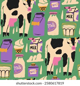 Various dairy products. Cow, milk can, carton box, glass, bottle, ice cream, heavy whipping cream. Hand drawn Vector illustration. Healthy food, farm market concept. Square seamless Pattern, wallpaper