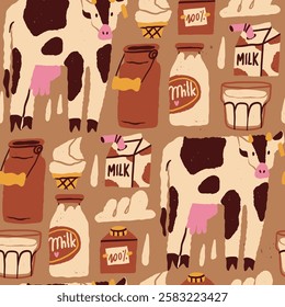 Various dairy products. Cow, milk can, carton box, glass, bottle, ice cream, heavy whipping cream. Hand drawn Vector illustration. Healthy food, farm market concept. Square seamless Pattern, wallpaper