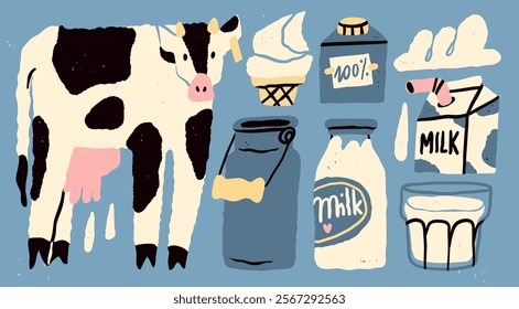 Various dairy products set. Cow, milk can, carton box, glass, bottle, ice cream, heavy whipping cream. Hand drawn Vector illustration. Isolated design elements. Healthy food, farm market concept