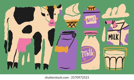 Various dairy products set. Cow, milk can, carton box, glass, bottle, ice cream, heavy whipping cream. Hand drawn Vector illustration. Isolated design elements. Healthy food, farm market concept