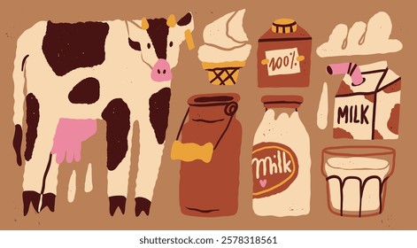 Various dairy products set. Cow, milk can, carton box, glass, bottle, ice cream, heavy whipping cream. Hand drawn Vector illustration. Isolated design elements. Healthy food, farm market concept