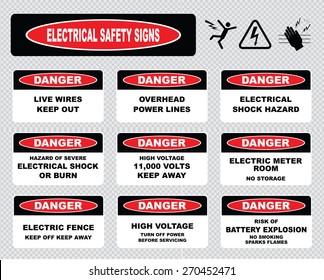 Various Danger Sign, Electrical Safety Signs (live Wires, Overhead Power Lines, Electrical Shock Hazard, High Voltage, Meter Room No Storage, Electric Fence, Turn Off Power, Risk Of Battery Explosion
