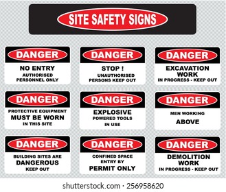 various danger sign, site safety signs (no entry authorized personnel only, excavation work in progress, protective equipment must be worn, explosive powered tools in use, men working above.