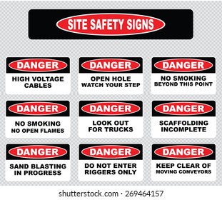 various danger sign, site safety signs (high voltage cables, open hole watch your step, no open flame, no smoking, look out for trucks, scaffolding incomplete, sand blasting in progress, riggers only)