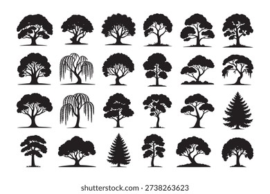 various deciduous trees silhouettes on the white background
