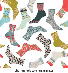Various decorated multi-colored socks. Seamless background pattern. Vector illustration