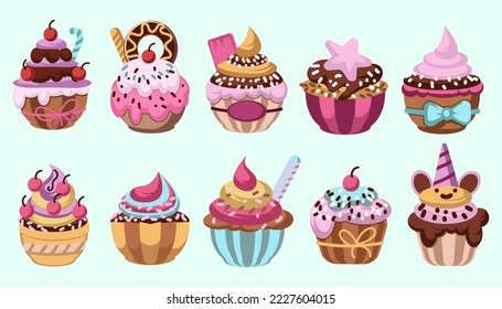 various decoration colorful cupcake flavours set illustrations