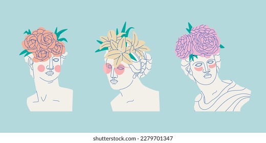 Varias estatuas antiguas decorativas con flores. Esculturas de yeso griegos antiguas de estilo moderno. Ilustraciones conceptuales aisladas por vectores.