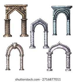 Varios arcos arquitectónicos decorativos y columnas que muestran Elementos de diseño históricos, creando una colección de estructuras de piedra de diferentes épocas