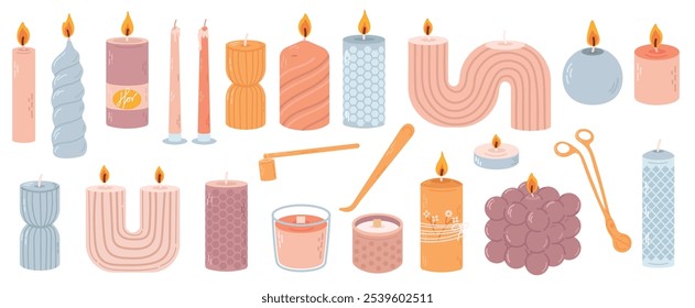 Various decorative candles set. Different shapes and sizes. Decorative wax candles for relax and spa. Candle snuffer. Hand drawn Vector set