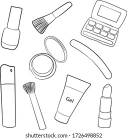Various decorative cosmetics, set. Hand drawing. Vector. Isolated objects. For printing, website, cover, or poster.