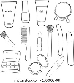 Varios cosméticos decorativos, boceto. Colección de cosméticos. Líneas negras, vector. Objetos aislados.