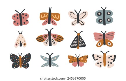 Various decorative cute butterflies and moths. Vector hand drawn illustration. All elements are isolated on white background.