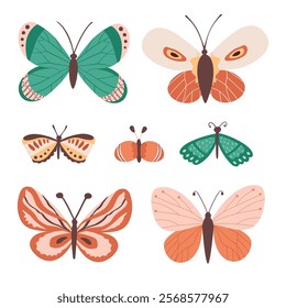 Various decorative cute butterflies and moths. Vector hand drawn illustration. All elements are isolated.