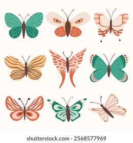 Various decorative cute butterflies and moths. Vector hand drawn illustration. All elements are isolated.