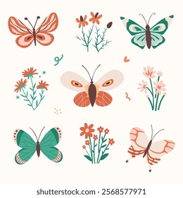 Various decorative cute butterflies and moths. Vector hand drawn illustration. All elements are isolated.