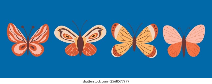 Various decorative cute butterflies and moths. Vector hand drawn illustration. All elements are isolated.