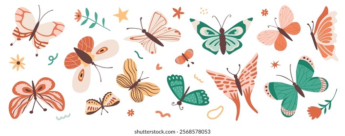 Various decorative cute butterflies and moths. Vector hand drawn illustration. All elements are isolated.