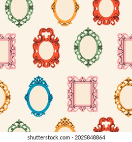 Various decorative Frames or borders. Different shapes. Photo or mirror frames. Elegant, modern style. Hand drawn colored trendy Vector seamless Pattern. Background, wallpaper