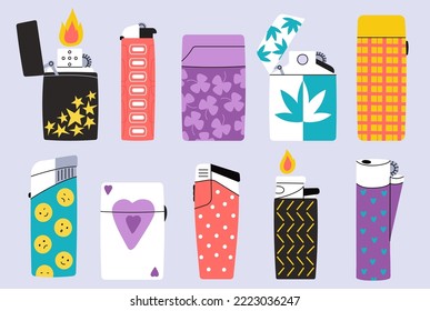 Various decorative lighters. Metallic smoke tools, simple gas plastic lighter. Lighting accessories with flame, cartoon isolated decent vector elements for smokers