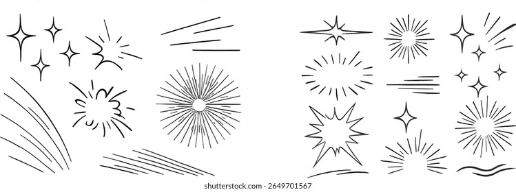 Various decorative sketch elements are displayed, including bursts, stars, and lines. Ideal for enhancing designs or crafts, these elements add a unique touch to any creative project.