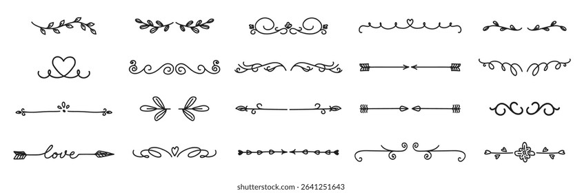 Various decorative text dividers set. Black hand drawn ornament borders and calligraphic elements isolated vector illustration collection. Decoration and ornaments concept