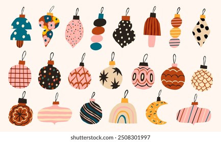 Various decorative toys for Christmas tree. Festive New Year elements. All elements are isolated.