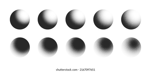 Various Degree Black Noise Abstract Graphic Grainy Textured Sphere Forms Vector Set Isolated On White Back. Different Hand Drawn Stipple Light Shadow 3D Ball Figures Isolate Design Elements Collection