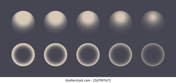 Various Degree Noise Grainy Textured Sphere Forms Vector Trendy Abstract Graphic Background In Vintage Colours. Different Handdrawn Light Shadow 3D Ball Figures Isolate Design Elements Collection