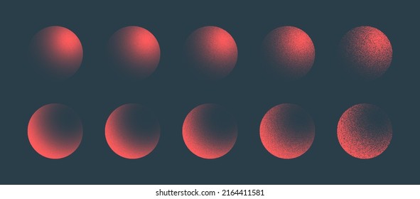 Various Degree Noise Pale Red Grainy Textured Sphere Forms Vector Trendy Abstract Graphic Background. Different Handdrawn Dotted Light Shadow 3D Ball Figures Isolate Design Elements Texture Collection svg
