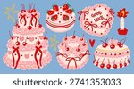 Various delicious Cakes with cherry, cream, strawberry. Sweet tasty food. Hand drawn trendy Vector illustration. Isolated design elements. Party, wedding, anniversary, celebration, birthday concept