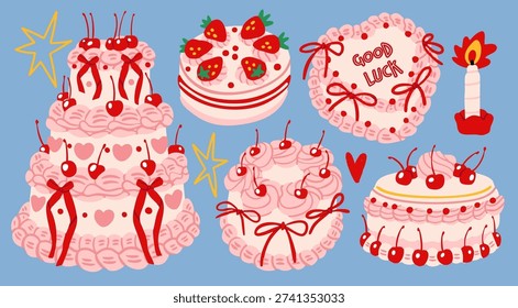Various delicious Cakes with cherry, cream, strawberry. Sweet tasty food. Hand drawn trendy Vector illustration. Isolated design elements. Party, wedding, anniversary, celebration, birthday concept