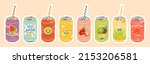 Сollection of various delicious carbonated drinks. Hand drawn vector set of soft drinks in aluminum cans. Carbonated water with various fruit flavors. Japanese Kawaii style. on isolated background