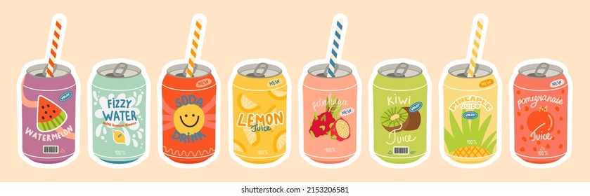 Сollection of various delicious carbonated drinks. Hand drawn vector set of soft drinks in aluminum cans. Carbonated water with various fruit flavors. Japanese Kawaii style. on isolated background - Shutterstock ID 2153206581