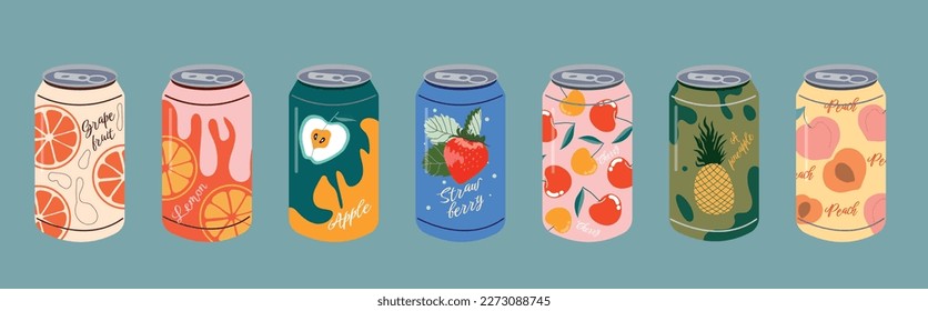 Various delicious carbonated drinks. Vector set of soft drinks in aluminum cans. Hand drawing. Carbonated water with different fruit flavors. Fashion illustration. All elements are insulated