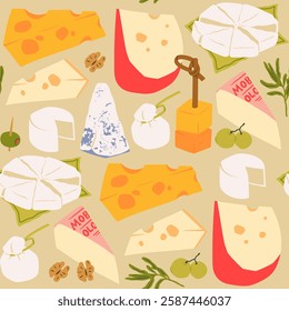 Various delicious Cheese. Mozzarella, brie, triangles, cheddar, blue cheese, parmesan, camembert, burrata. Cartoon modern style. Hand drawn Vector illustration. Square seamless Pattern