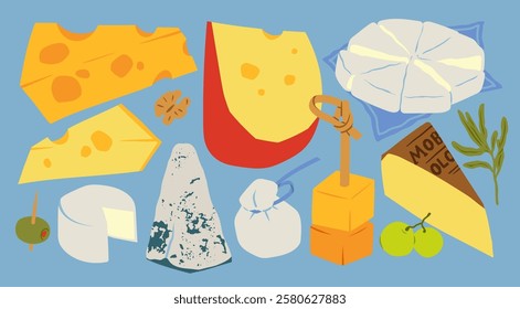 Various delicious Cheese set. Mozzarella, brie, triangles, cheddar, blue cheese, parmesan, camembert, burrata. Cartoon modern style. Hand drawn Vector illustration. Isolated design elements 