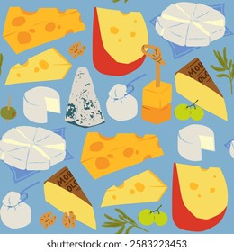 Various delicious Cheese set. Mozzarella, brie, triangles, cheddar, blue cheese, parmesan, camembert, burrata. Cartoon modern style. Hand drawn Vector illustration. Square seamless Pattern