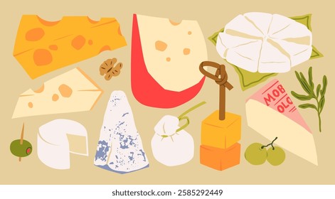 Various delicious Cheese set. Mozzarella, brie, triangles, cheddar, blue cheese, parmesan, camembert, burrata. Cartoon modern style. Hand drawn Vector illustration. Isolated design elements 