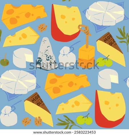 Various delicious Cheese set. Mozzarella, brie, triangles, cheddar, blue cheese, parmesan, camembert, burrata. Cartoon modern style. Hand drawn Vector illustration. Square seamless Pattern